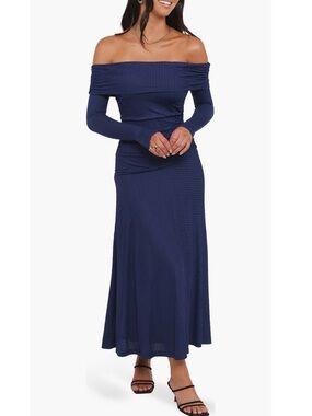 Petal & Pup Katiya Off the Shoulder Long Sleeve Navy Dress New!